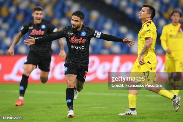 Lorenzo Insigne of SSC Napoli celebrates after scoring their side's third goal during the Serie A match between SSC Napoli and Bologna FC at Stadio...