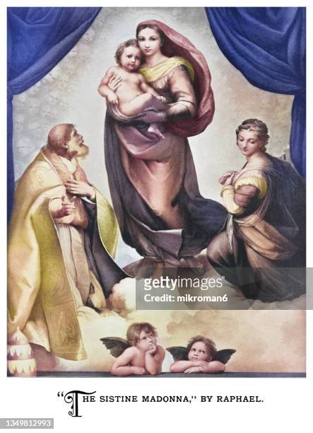 old chromolithograph illustration of the sistine madonna ( madonna di san sisto), oil painting by the italian artist raphael - sistine madonna stock pictures, royalty-free photos & images