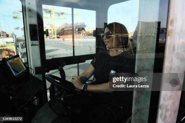 Woman port worker drives a vehicle inside the TDT terminal inside the port of Livorno on October 28, 2021 in Livorno, Italy. The Port of Livorno is...