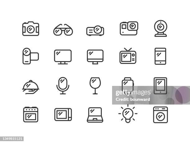 devices, home appliance, glass, glare, shiny line icons - wearable camera stock illustrations
