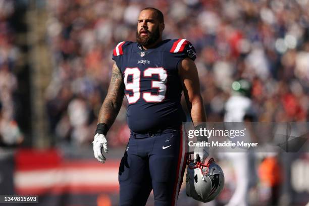 Lawrence Guy of the New England Patriots looks on during the game against the New York Jets at Gillette Stadium on October 24, 2021 in Foxborough,...