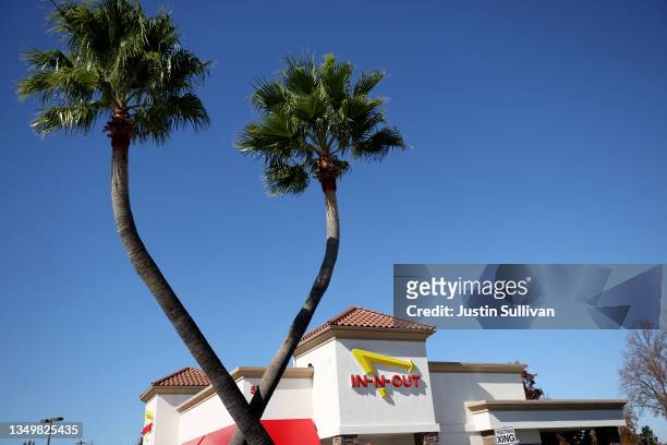 The In-n-Out logo is displayed on the front of an In-n-Out restaurant on October 28, 2021 in Pleasant Hill, California. Contra Costa county health...