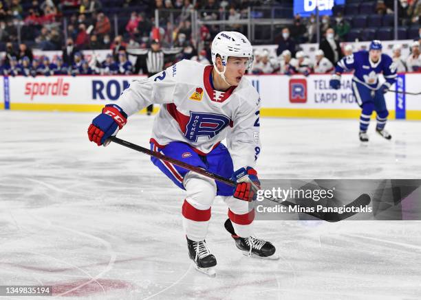 Gianni Fairbrother of the Laval Rocket skates against the Toronto Marlies during the first period at Place Bell on October 27, 2021 in Montreal,...