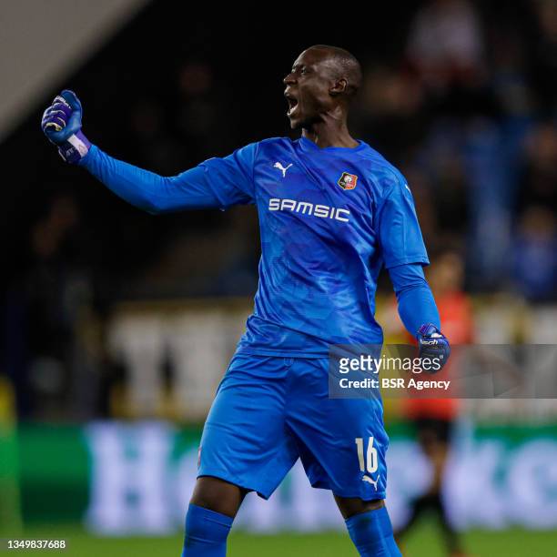 Goalkeeper Alfred Gomis of Stade Rennais celebrates after scoring his teams second goal during the UEFA Conference League match between Vitesse and...