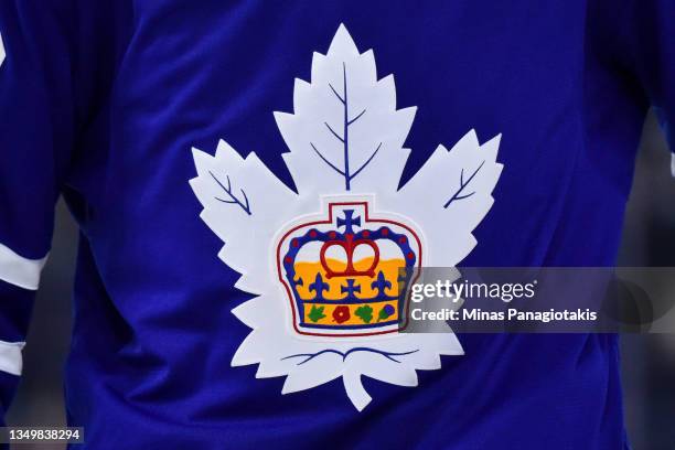 Detailed view of the Toronto Marlies logo during the third period against the Laval Rocket at Place Bell on October 27, 2021 in Montreal, Canada. The...