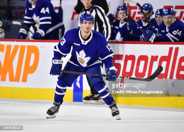 Brett Seney of the Toronto Marlies skates against the Laval Rocket during the third period at Place Bell on October 27, 2021 in Montreal, Canada. The...