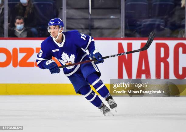 Brett Seney of the Toronto Marlies skates against the Laval Rocket during the third period at Place Bell on October 27, 2021 in Montreal, Canada. The...