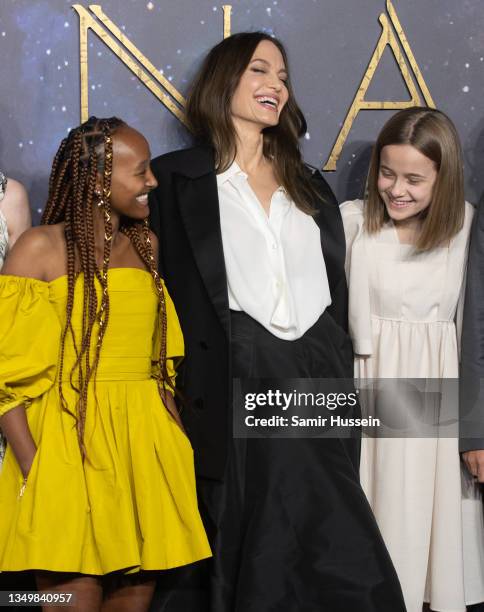 Zahara Jolie-Pitt, Angelina Jolie and Vivienne Jolie-Pitt attend the "The Eternals" UK Premiere at BFI IMAX Waterloo on October 27, 2021 in London,...