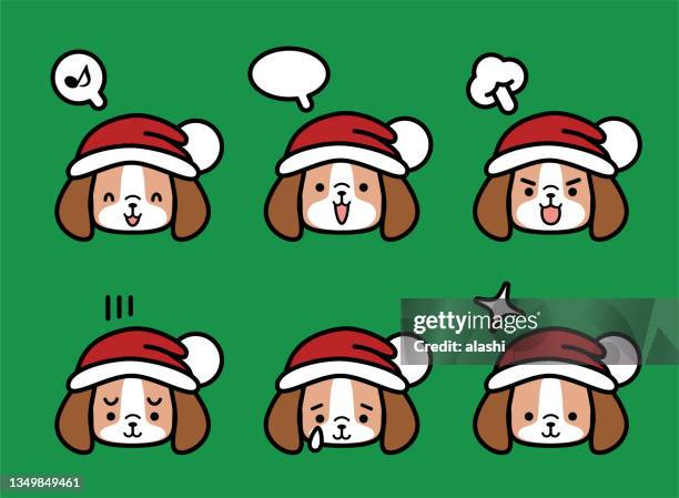 illustrations, cliparts, dessins animés et icônes de ensemble d’icônes de noël d’un chien mignon portant un chapeau de père noël avec six expressions faciales dans des tons pastel de couleur - christmas angry