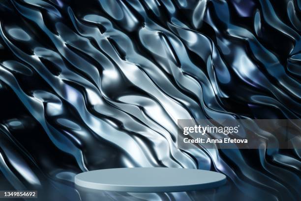 round blue ceramic podium on luxury silver fluid background with beautiful waves. perfect platform for showing your products. three dimensional illustration - blue podium stock pictures, royalty-free photos & images