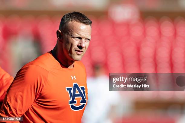 Head Coach Bryan Harsin of the Auburn Tigers walks around the field before a game against the Arkansas Razorbacks at Donald W. Reynolds Stadium on...