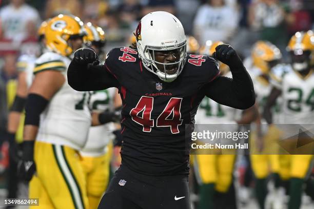 Markus Golden of the Arizona Cardinals reacts to a defensive play during the first half against the Green Bay Packers at State Farm Stadium on...