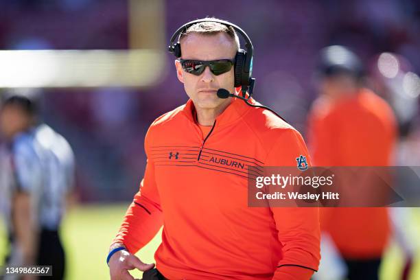 Head Coach Bryan Harsin of the Auburn Tigers on the sidelines during a game against the Arkansas Razorbacks at Donald W. Reynolds Stadium on October...