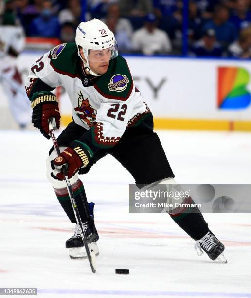 Johan Larsson of the Arizona Coyotes carries the puck during a game against the Tampa Bay Lightning at Amalie Arena on October 28, 2021 in Tampa,...