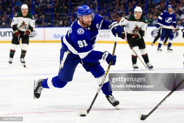 Steven Stamkos of the Tampa Bay Lightning shoots during a game against the Arizona Coyotes at Amalie Arena on October 28, 2021 in Tampa, Florida.