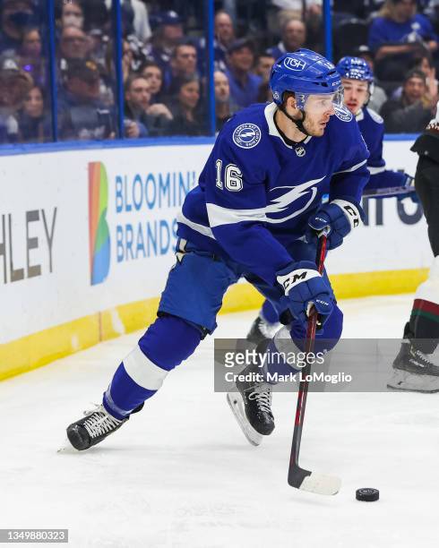 Taylor Raddysh of the Tampa Bay Lightning skates against the Arizona Coyotes during the first period at Amalie Arena on October 28, 2021 in Tampa,...