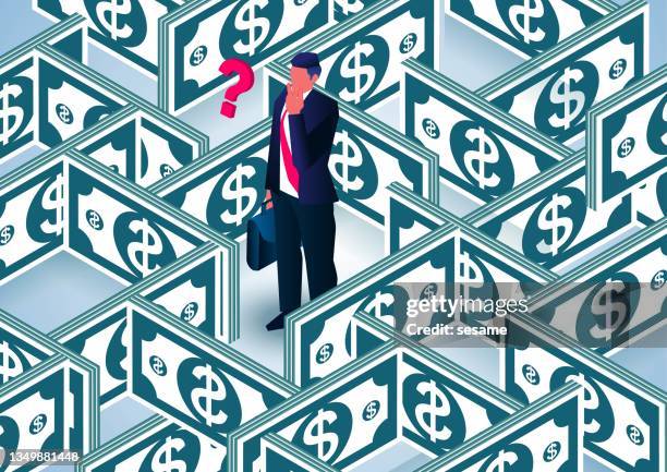 businessman standing doubtfully inside the money maze, business problems and troubles - investment decisions stock illustrations