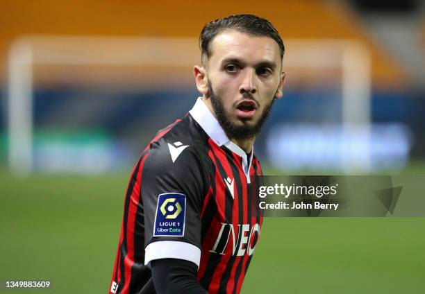 Amine Gouiri of Nice during the Ligue 1 Uber Eats match between OGC Nice and Olympique de Marseille at Stade de l'Aube on October 27, 2021 in Troyes,...