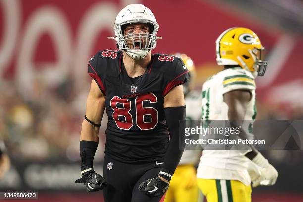 Zach Ertz of the Arizona Cardinals reacts after a first down during the second half of a game against the Green Bay Packers State Farm Stadium on...