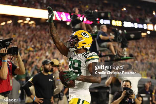 Rasul Douglas of the Green Bay Packers celebrates following an interception during the fourth quarter of a game against the Arizona Cardinals at...
