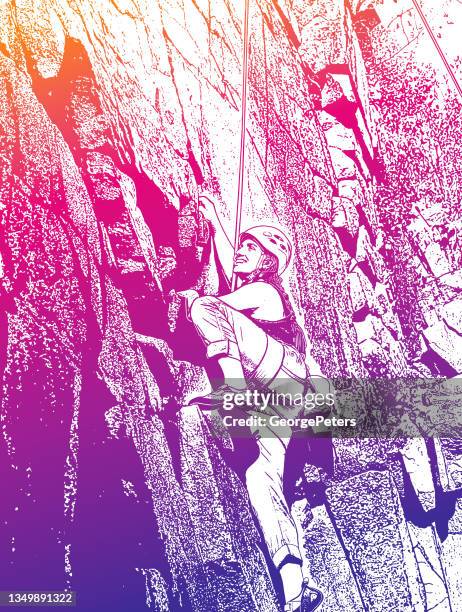 young woman rock climbing - climbing rope stock illustrations