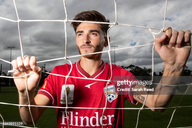 Josh Cavallo of the Adelaide United A-League Men's team poses during a portrait session at the Adelaide United Football Club Training Base on October...