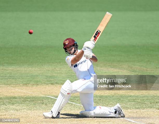 Joe Burns of Queensland bats during day three of the Sheffield Shield match between Queensland and Tasmania at Riverway Stadium, on October 29 in...