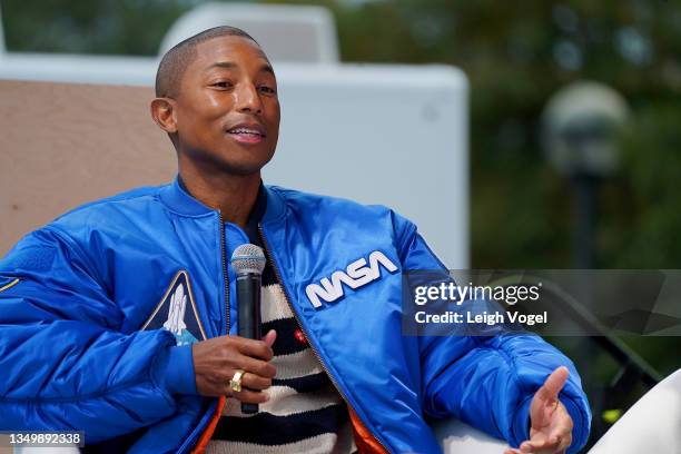 Pharrell Williams speaks onstage for Panel 1 "Who We've Been" as Pharrell Williams holds forum at Norfolk State University to discuss full potential...