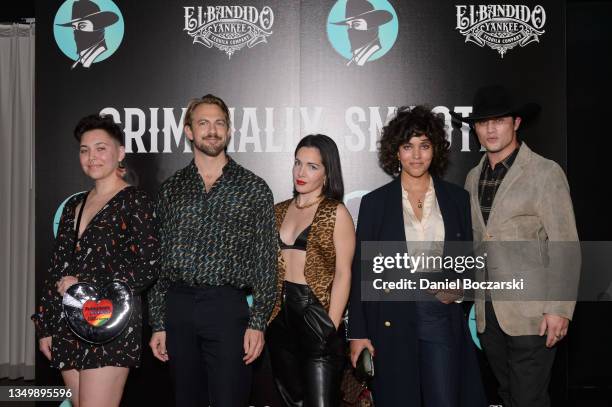 Guest, Patrick Janelle, Shante Cosme, Christina Caradona and Bonner Bolton attend the El Bandido Yankee Tequila launch event on October 28, 2021 in...