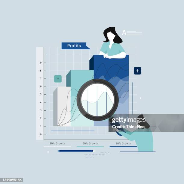 businesswomen checking data file with magnifying glass - holding cheque stock illustrations