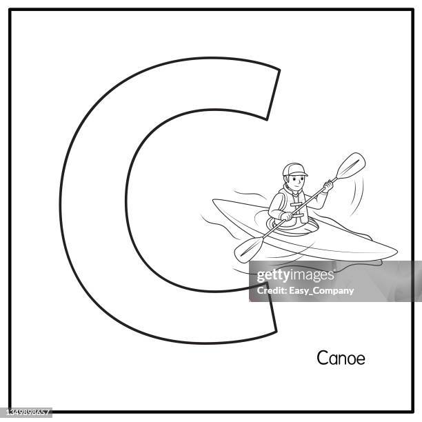 vector illustration of canoeing with alphabet letter c upper case or capital letter for children learning practice abc - people on canoe clip art stock illustrations