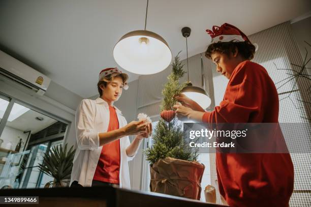 asian gay couple are decorating a christmas tree on holidays-stock photo - gay santa claus stock pictures, royalty-free photos & images