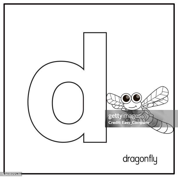 stockillustraties, clipart, cartoons en iconen met vector illustration of dragonfly with alphabet letter d lower case  for children learning practice abc - damselfly