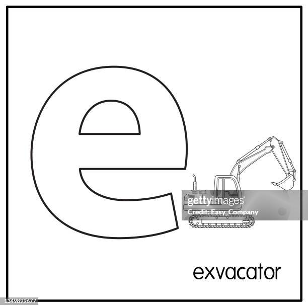 ilustraciones, imágenes clip art, dibujos animados e iconos de stock de ilustración vectorial de excavadora con letra del alfabeto e minúscula para niños que aprenden práctica abc - dump truck cartoon