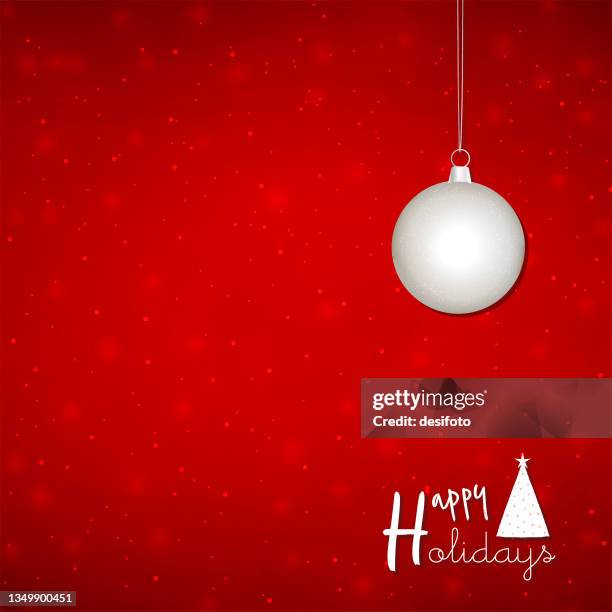 silver colored hanging bauble or ball, white colored triangle tree like a hat or cap with a pom pom over vibrant dark bright red square christmas holidays or vacations festive vector backgrounds with text message happy holidays - white ball cap stock illustrations