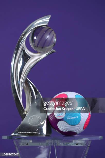 Detailed view of the UEFA Women's Euro trophy and tournament match ball ahead of the UEFA Women's EURO 2022 Final Draw on October 27, 2021 in...