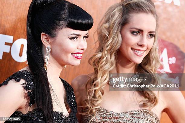 Recording artists Susie Brown and Danelle Leverett of The JaneDear Girls arrive at the American Country Awards 2011 at the MGM Grand Garden Arena on...