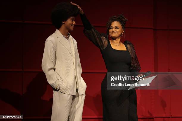 Jaden Michael and Ava DuVernay speak onstage during the Netflix Limited Series "Colin in Black and White" Premiere at Los Angeles County Museum of...