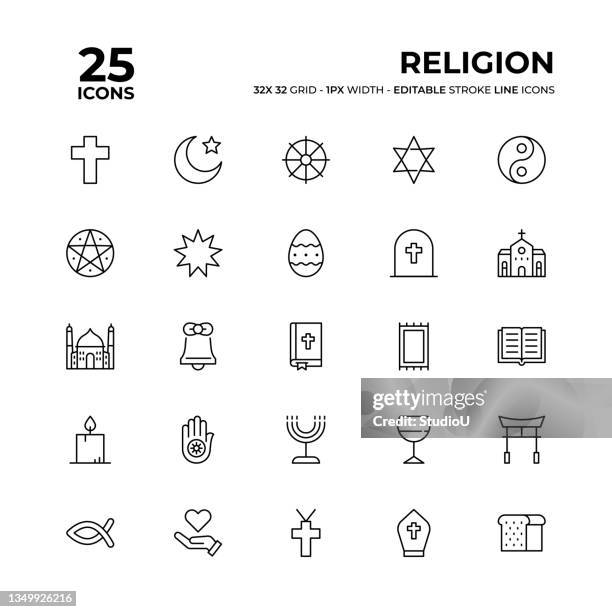 illustrazioni stock, clip art, cartoni animati e icone di tendenza di set di icone della linea di religione - fedele religioso