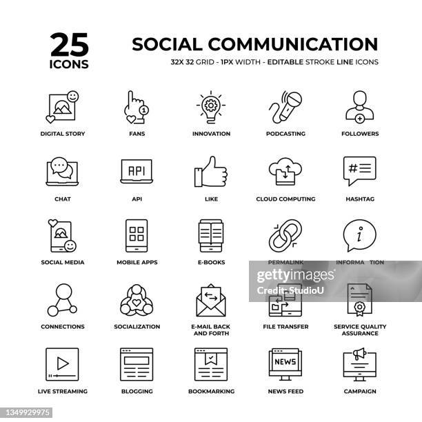ilustraciones, imágenes clip art, dibujos animados e iconos de stock de conjunto de iconos de línea de comunicación social - bloguear
