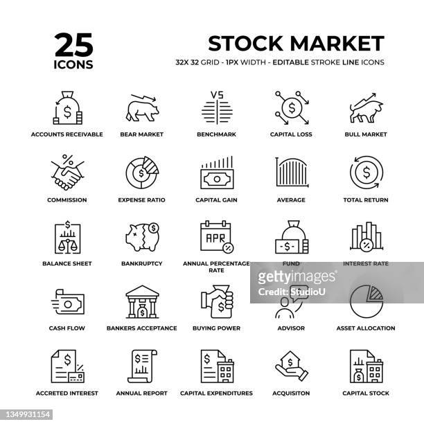illustrazioni stock, clip art, cartoni animati e icone di tendenza di set di icone della linea del mercato azionario - shareholder