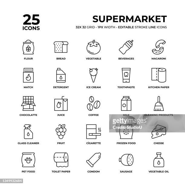 supermarkt line icon set - streichholz stock-grafiken, -clipart, -cartoons und -symbole
