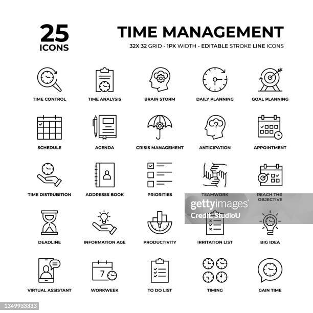 stockillustraties, clipart, cartoons en iconen met time management line icon set - routine