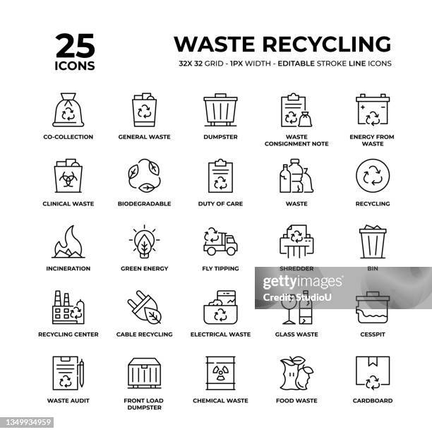 waste recycling line icon set - rubbish icon stock illustrations