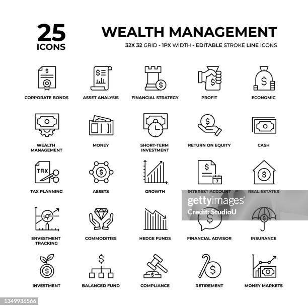 ilustraciones, imágenes clip art, dibujos animados e iconos de stock de conjunto de iconos de línea de wealth management - plan financiero