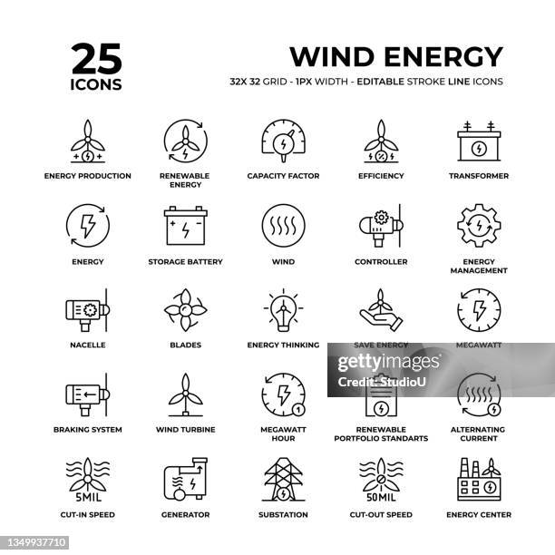 wind energy line icon set - propeller stock illustrations