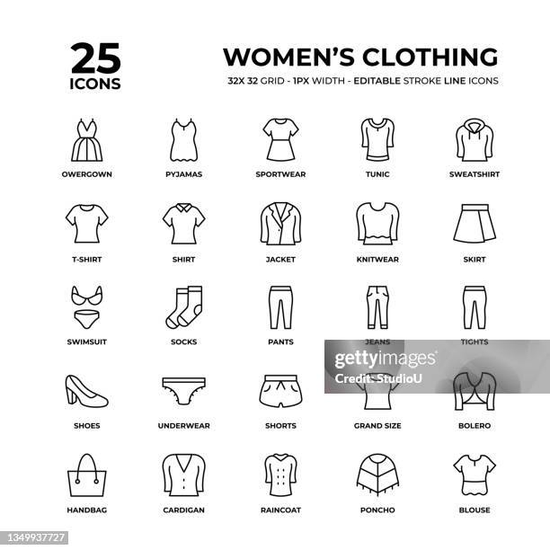women's clothing line icon set - jean jacket stock illustrations
