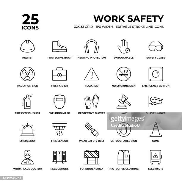 ilustraciones, imágenes clip art, dibujos animados e iconos de stock de conjunto de iconos de línea de seguridad en el trabajo - seguridad