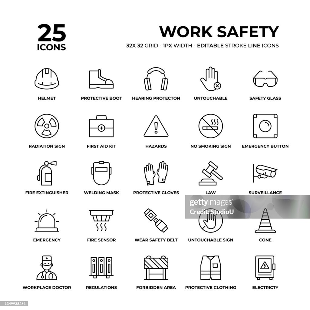 Set di icone della linea di sicurezza sul lavoro
