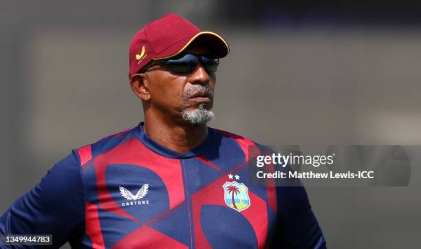 Phil Simmons, Head Coach of West Indies looks on ahead of the ICC Men's T20 World Cup match between West Indies and Bangladesh at Sharjah Cricket...